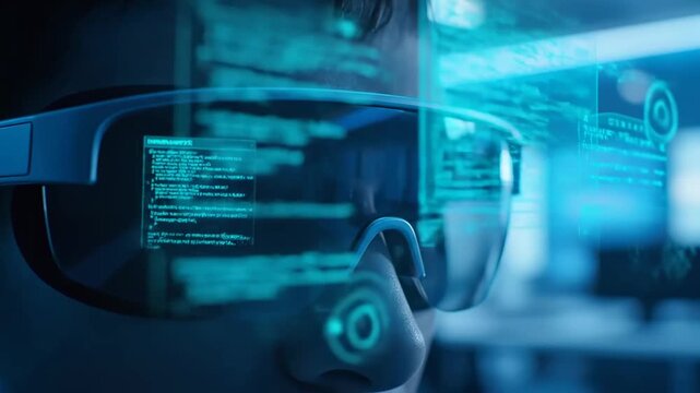 Close up AR glasses projecting virtual notes air cinematic UHD handheld future workplace technology stock. augmented reality eyewear displaying digital memo space filmic ultra high