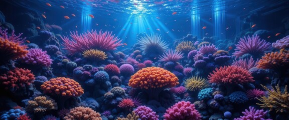 Explore the depths of the market with a vibrant coral reef representing trading algorithms.