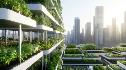 Naklejka premium A modern urban farm showcases vertical gardens flourishing on multiple levels, merging nature with architecture