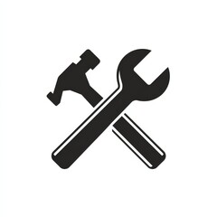 Vector icon of crossed hammer and wrench, clean minimal style, simple outline, isolated on transparent background, suitable for tools, repair, construction, and industrial stock use