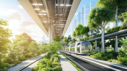 A modern transport hub showcasing a sleek monorail under a green urban landscape. Lush trees and futuristic architecture blend, symbolizing sustainable city development.