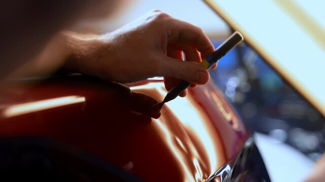 Close up view of Process of pointless dent repair on car body, mechanic at the auto shop with tools repairs dents on red car. PDR. Loop video