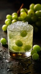 Photo of Caipiruva cocktail in a lowball glass with crushed ice, made of cachaça, lime juice, green grapes, and sugar. Refreshing, vibrant, tropical drink photography, high detail.