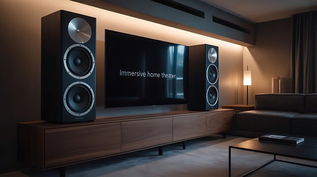 audio speaker setup in modern home entertainment room with ambient lighting, Immersive Home Theater Experience, created with generative ai
