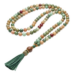 Earth Tone Gemstone Prayer Beads with Green Tassel and Bronze Accent rosary mala