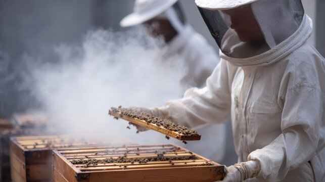 Beekeepers inspect hives while managing bees, wearing protective gear amidst smoke, highlighting the art of apiculture.