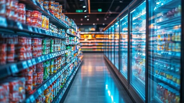 A modern supermarket interior with shelves full of colorful products on one side and illuminated refrigerated coolers on the other, a bright clean aisle in a contemporary grocery retail environment.