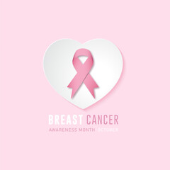 Breast cancer awareness month banner with pink ribbon and white heart element