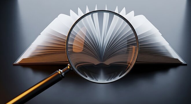 Open book pages magnified by glass magnifying glass