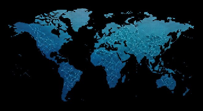 Digital World Map Illustration with Network Connections in Blue Tones