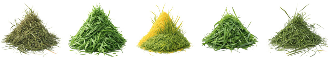 Five vibrant piles of freshly cut grass, showcasing natural textures and varying green hues, perfect for eco concepts and natural beauty.