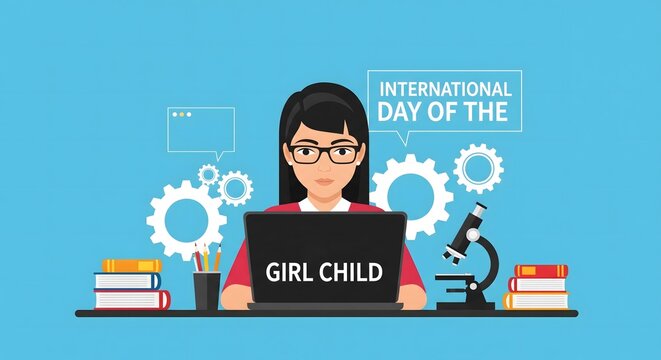 International Day of the Girl Child illustration featuring a young student with laptop, books, and microscope, symbolizing education, STEM opportunities, empowerment, and equality for girls - Powered by Adobe