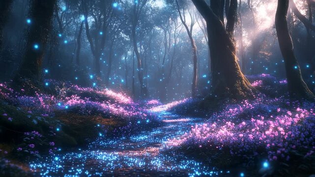 Magical forest glowing with blue light and sparkling particles floating above the ground with purple flowers, symbolizing fantasy, mystery, fairytale atmosphere, imagination, nature, and wonder.