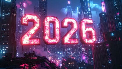 A futuristic cityscape, the year 2026 glows brightly against the backdrop of towering skyscrapers illuminated with vibrant neon lights, creating a dynamic urban panorama