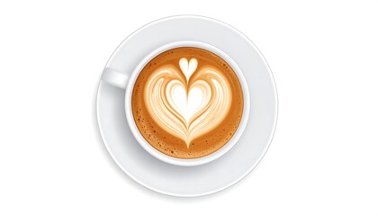 Top view of a coffee latte in a white cup and saucer.  Heart-shaped latte art