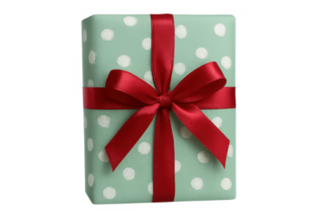 Green gift box with red ribbon and white polka dots on transparent background