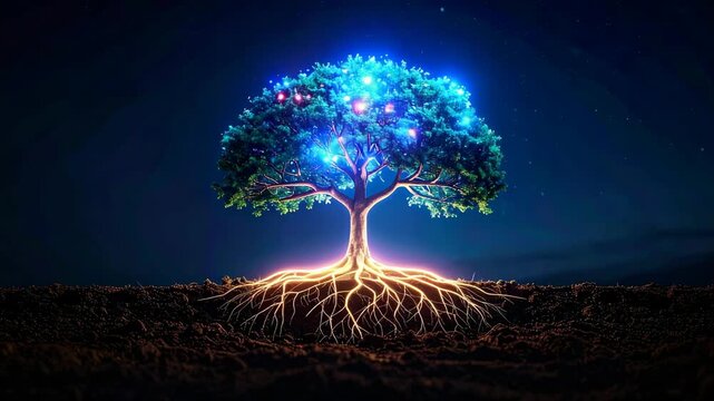 Enchanting tree with glowing blue leaves, adorned with pink orbs, radiating light through exposed roots in dark night.