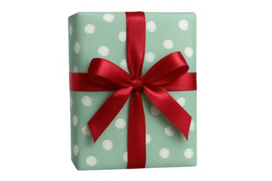 Green gift box with red ribbon and white polka dots on transparent background