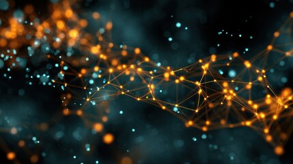 Abstract digital background featuring vibrant orange and blue glowing particles in a network-like structure