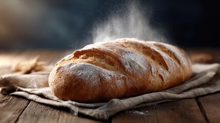 Rustic loaf of bread freshly baked kitchen table food photography cozy atmosphere close-up culinary art