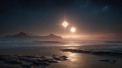 Obraz premium Alien desert landscape with twin suns sci-fi scene digital art surreal environment wide-angle perspective imaginative concept