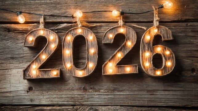Close-up of a wooden sign illuminated by warm string lights, showcasing rustic texture and soft lighting against a dark background, perfect for decorative or event themes.