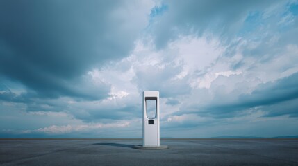A solitary charging station stands against a dramatic sky, symbolizing the shift towards electric vehicles in a vast, open landscape.