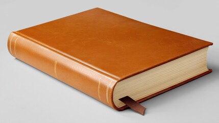 Obraz premium Brown leather bound notebook with a bookmark isolated on a neutral background for creative ideas and note-taking purposes