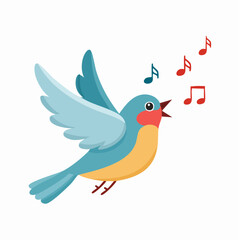 Obraz premium A cheerful cartoon bird with outstretched wings singing musical notes, isolated on white background.