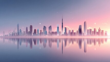 Fototapeta premium Spectacular cityscape transformation modern urban development skyline reflection digital art sunset glow aerial perspective