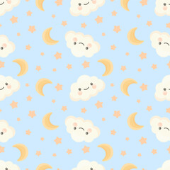 Seamless pastel night sky pattern with smiling clouds, crescent moons, and peach stars on a soft blue background. Perfect for nursery decor, kids&rsquo; products, textiles, and bedtime-themed designs.
