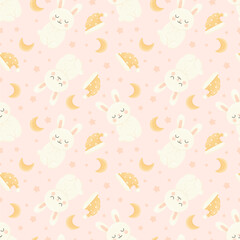 Seamless pastel pattern with sleeping bunnies, crescent moons, polka-dot nightcaps, and peach stars on a soft pink background. Perfect for nursery decor, baby textiles, and bedtime-themed designs.