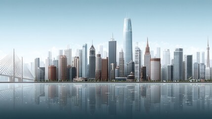 Fototapeta premium Futuristic urban skyline modern cityscape digital illustration serene waterfront panoramic view high-definition concept