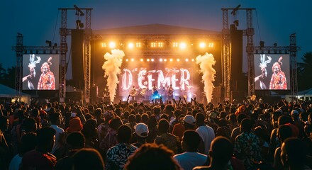 An immense crowd gathers for an outdoor concert at night, their silhouettes visible against the spectacular stage lighting of a summer music festival