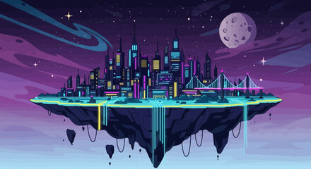 Vibrant Futuristic Cityscape on a Floating Island with Neon Lights and a Distant Moon, Ideal for science fiction concept art, futuristic game backgrounds, and creative illustration projects. © Xisxas
