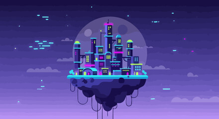 Futuristic Floating Cityscape with Vibrant Neon Glows, Ideal for Sci-Fi Fantasy Art, Game Design, and Imaginative World-Building Illustrations © Xisxas