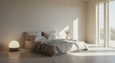 Minimalist Bedroom Interior with Natural Light and Serene Atmosphere