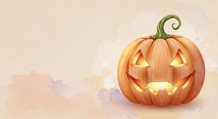 Halloween pumpkin with carved face glowing on pastel background, copy space