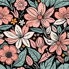 Delicate floral pattern with peach blooms and soft teal leaves creates a charming, feminine design perfect for spring textiles, invitations, and delightful stationery projects