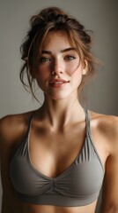 Serene and radiant woman exuding natural beauty and warm confidence in a casual relaxed swimwear setting