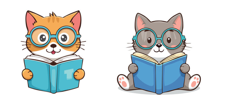 cartoon animal vectors, cat read a boook