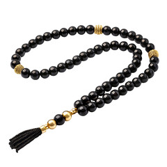 Islamic prayer beads with black onyx and gold accents and tassel on black background rosary