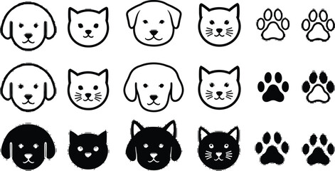 Dog and cat vector icons set pet animal face paw print outline silhouette art