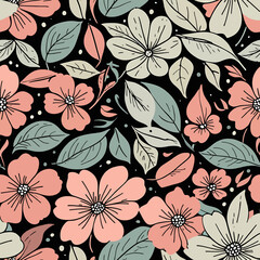 Charming floral pattern with delicate pink blossoms and elegant leaves for a touch of nature-inspired beauty, perfect for stylish designs and creative projects, seamless, botanical elegance