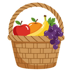 Wicker picnic basket filled with a healthy assortment of fresh fruits like apples, bananas, and grapes