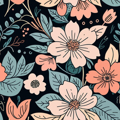 Elegant floral pattern design featuring pastel peach blossoms and blue-green foliage, perfect for textile prints, wallpaper, and adding a touch of spring to your project