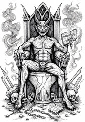 Obraz premium Demonic Figure Enthroned Amidst Skulls and Smoke.