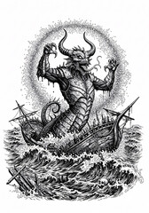 Armored Dragon Attacks a Shipwreck in a Stormy Sea.
