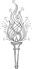 Naklejka premium Abstract Continuous Line Art of Torch with Flowing Fire and Decorative Sparks.9