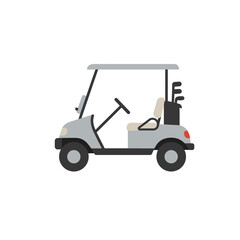 Simplified gray golf cart with clubs and beige seat, side view